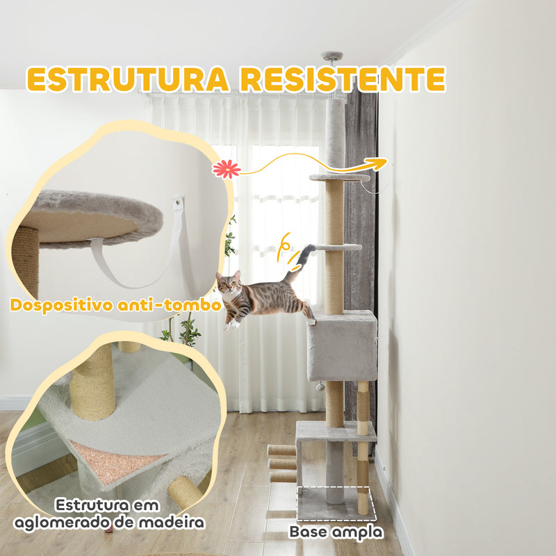 Arranhador para Gatos do Chão ao Teto de 225-265 cm Arranhador para Gatos com Altura Ajustável Múltiplas Plataformas Escada Bola Suspensa Cinza Claro