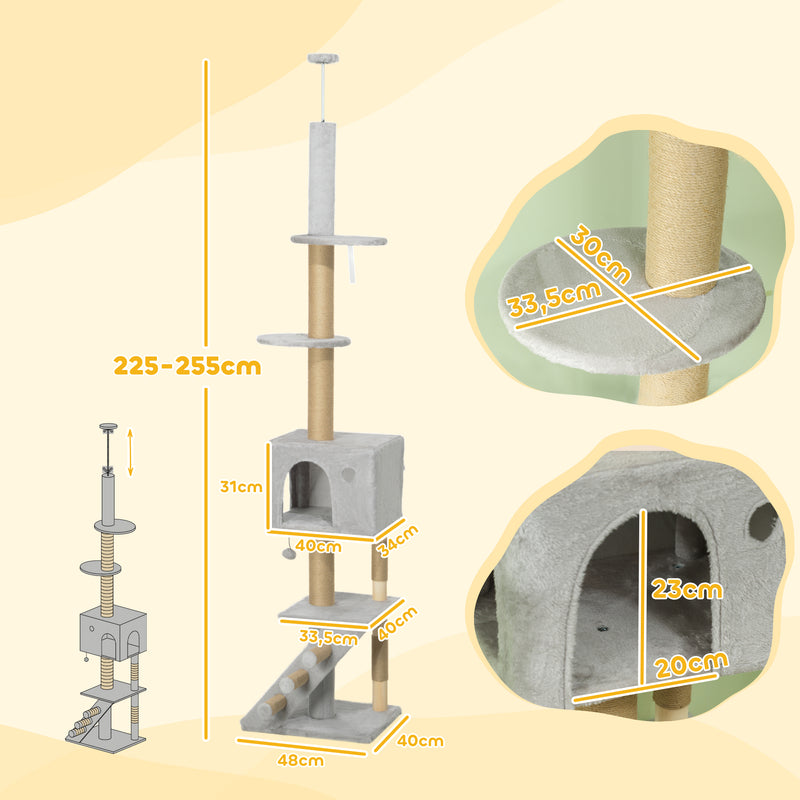 Arranhador para Gatos do Chão ao Teto de 225-265 cm Arranhador para Gatos com Altura Ajustável Múltiplas Plataformas Escada Bola Suspensa Cinza Claro