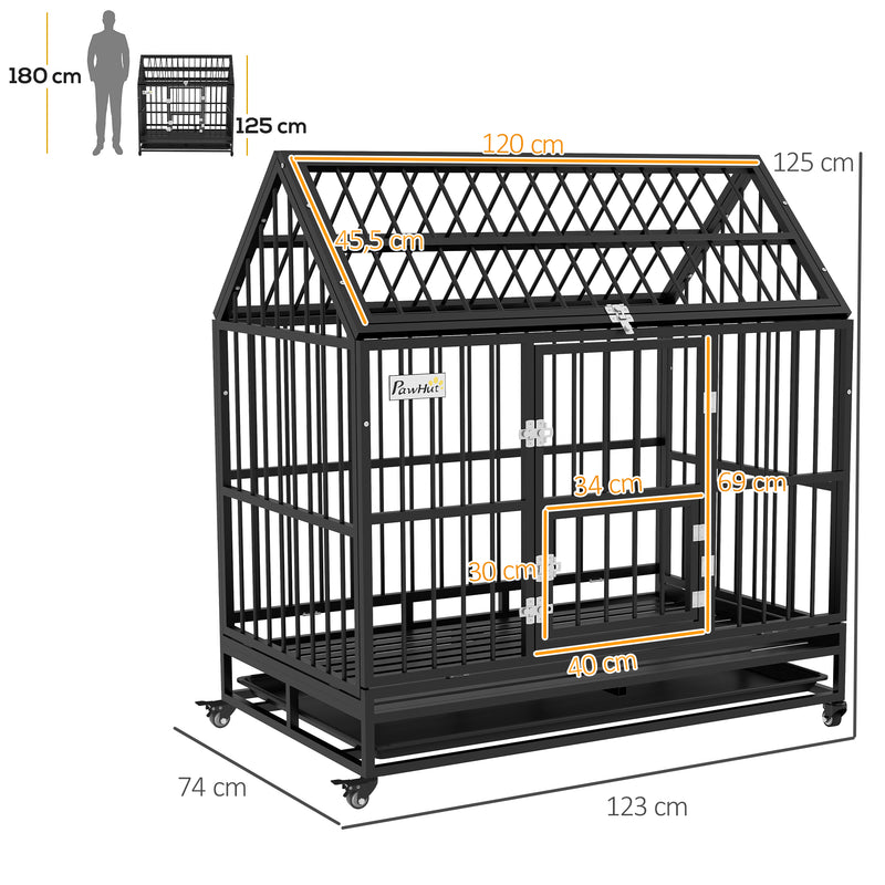 Gaiola para Cães Grandes 123x74x125 cm Canil Metálico com Rodas Bandeja Removível Trancas 2 Portas Frontais 1 Porta no Teto e Estrutura de Aço Preto