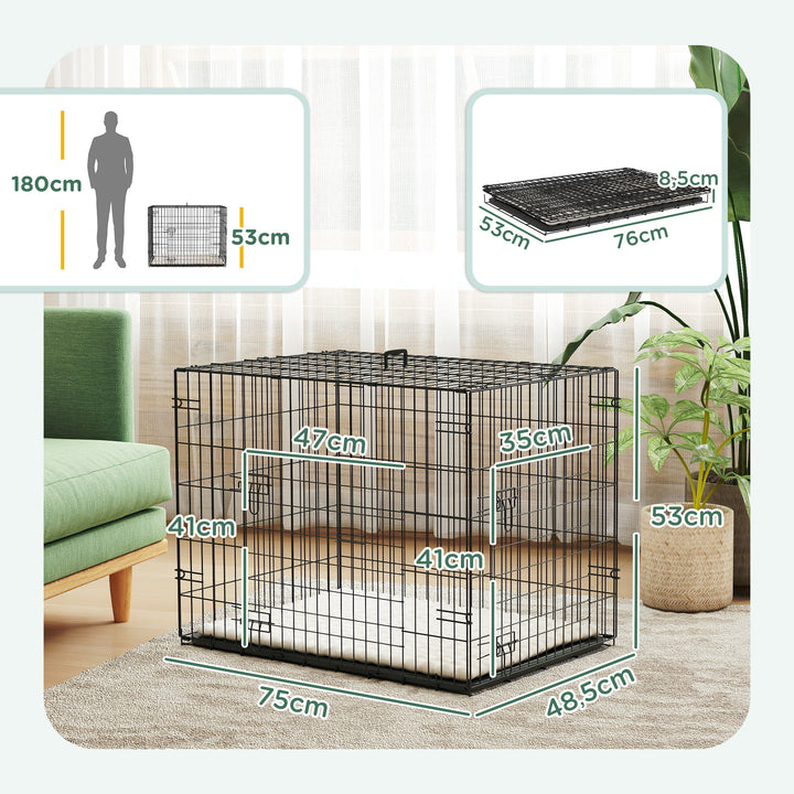 Gaiola Dobrável para Cães Pequenos com Almofada 2 Portas Bandeja Removível e Estrutura Metálica 75x48,5x53 cm Preto e Bege