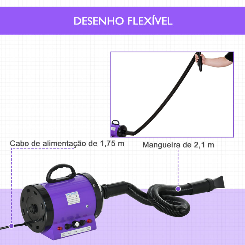 Secado de Pelo para Cães 2800W Secador de Pelo para Animais de Estimação com Temperatura e Velocidade Ajustável 3 Bicos Tubo Flexível 2,1m e Alça de Transporte 40x16x20cm Roxo