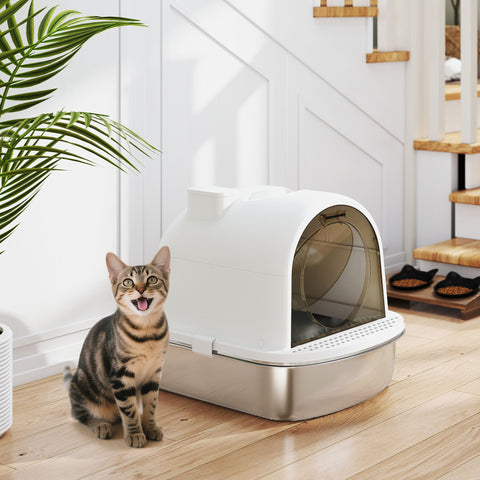 Caixa de Areia para Gatos em Aço Inoxidável com Tampa Caixa de Areia com Bolsa Desodorizante e Pá Fácil de Limpar 52,4x41,3x39,9 cm Branco