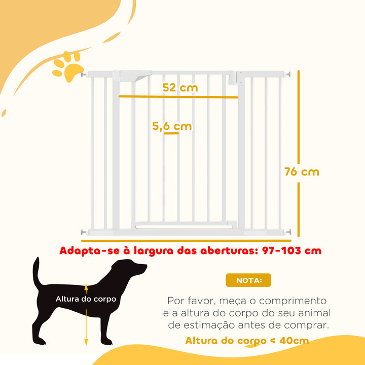 Barreira de Segurança para Crianças e Cães Largura 76-103 cm Porta para Cães Bloqueio Duplo Fecho Automático Abertura em Dois Sentidos para Portas Escadas Montagem por Pressão e Extensões de 7/14 cm Branco