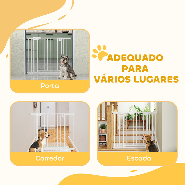 Barreira de Segurança para Crianças e Cães Largura 76-103 cm Porta para Cães Bloqueio Duplo Fecho Automático Abertura em Dois Sentidos para Portas Escadas Montagem por Pressão e Extensões de 7/14 cm Branco