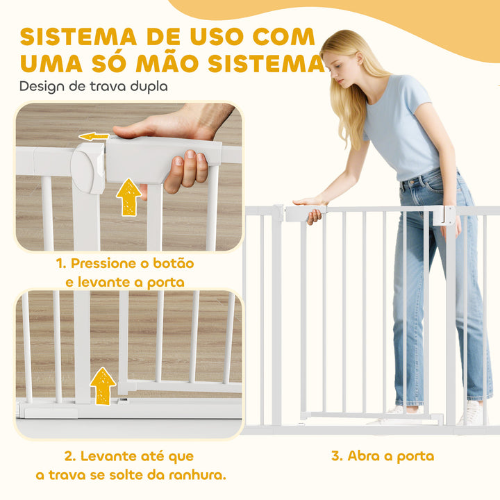 Barreira de Segurança para Crianças e Cães Largura 76-103 cm Porta para Cães Bloqueio Duplo Fecho Automático Abertura em Dois Sentidos para Portas Escadas Montagem por Pressão e Extensões de 7/14 cm Branco