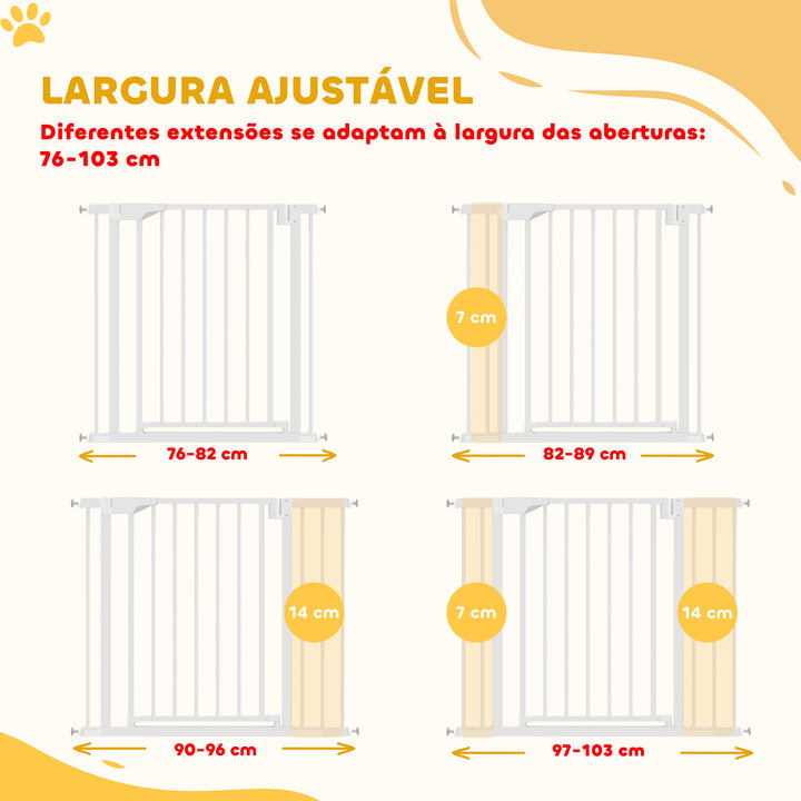 Barreira de Segurança para Crianças e Cães Largura 76-103 cm Porta para Cães Bloqueio Duplo Fecho Automático Abertura em Dois Sentidos para Portas Escadas Montagem por Pressão e Extensões de 7/14 cm Branco