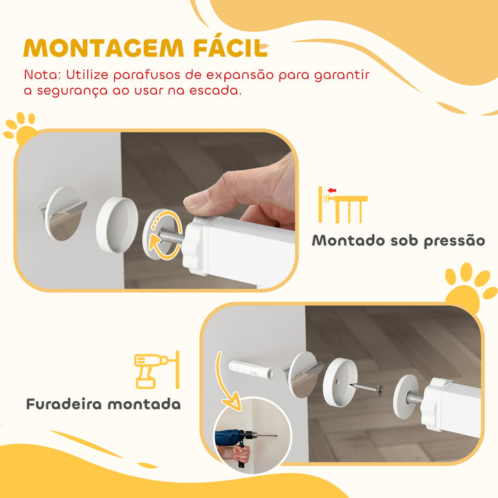 Barreira de Segurança para Crianças e Cães Largura 76-103 cm Porta para Cães Bloqueio Duplo Fecho Automático Abertura em Dois Sentidos para Portas Escadas Montagem por Pressão e Extensões de 7/14 cm Branco
