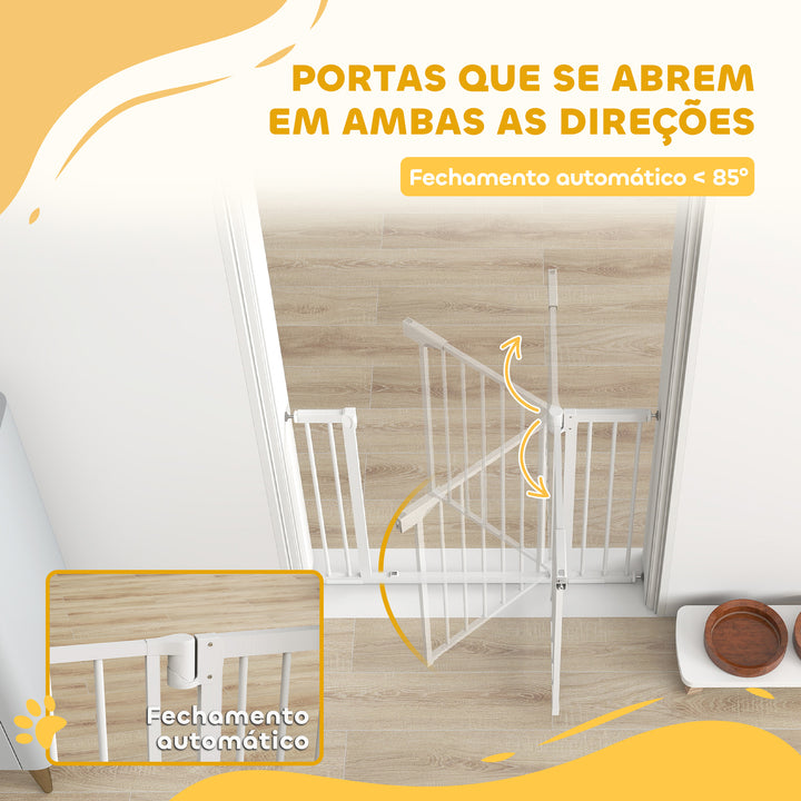 Barreira de Segurança para Crianças e Cães Largura 76-103 cm Porta para Cães Bloqueio Duplo Fecho Automático Abertura em Dois Sentidos para Portas Escadas Montagem por Pressão e Extensões de 7/14 cm Branco