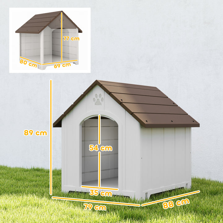 Casota para Cães de Exterior Casa para Cães Grandes de Plástico Impermeável com 2 Janelas Base Elevada Estacas Fácil de Montar 88x79x89 cm Castanho Escuro