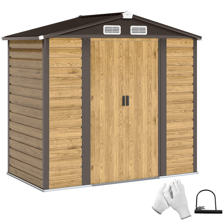Abrigo de Jardim Exterior 2,36m² 213x120x194 cm Abrigo de Exterior com Base Reforçada (Piso NÃO Incluído) Portas de Correr Duplas Fechadura Janelas Madeira e Marrom