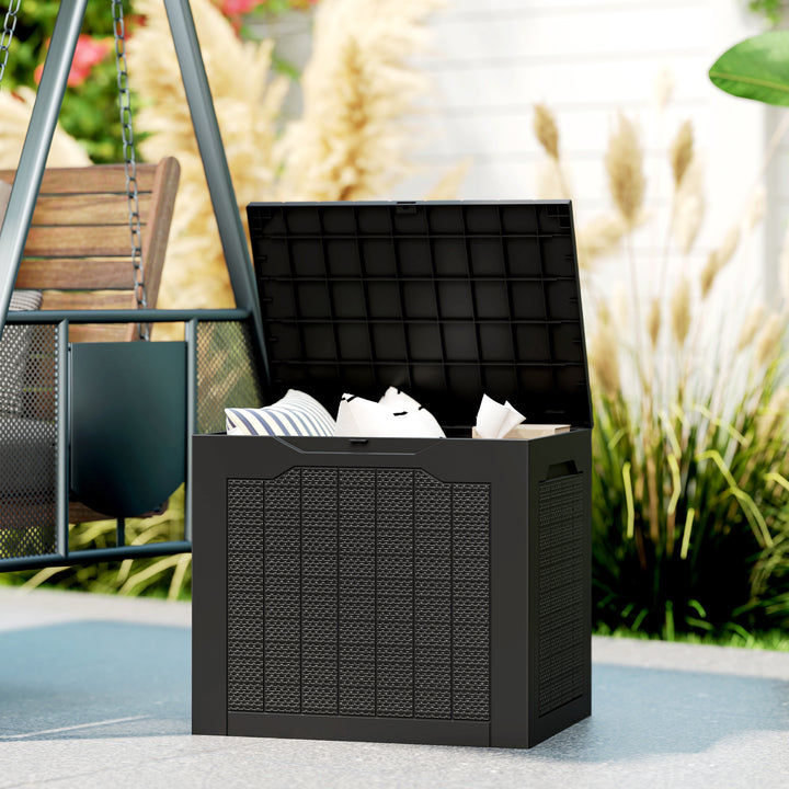 Baú de Armazenamento Exterior 93L Caixa de Armazenamento de Jardim Pequeno de Plástico Impermeável com 2 Alças Integradas e Suporte para Cadeado 56x41x50 cm Preto