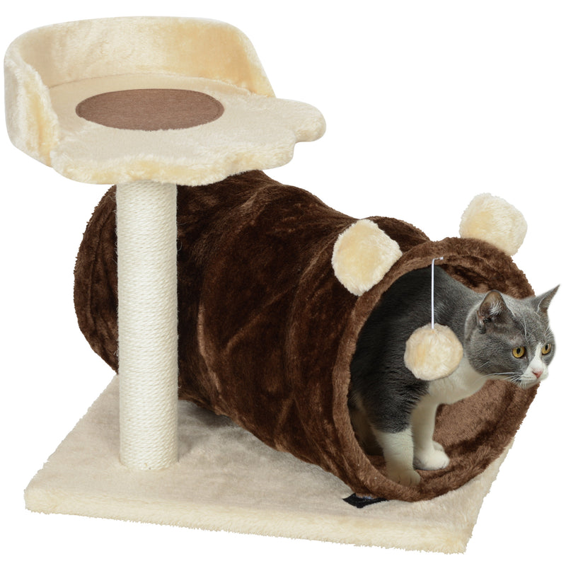 Arranhador para Gatos Altura 47 cm Arranhador para Gatos com Túnel Cama Plataforma Bola Suspensa e Poste de Juta Marrom Escuro