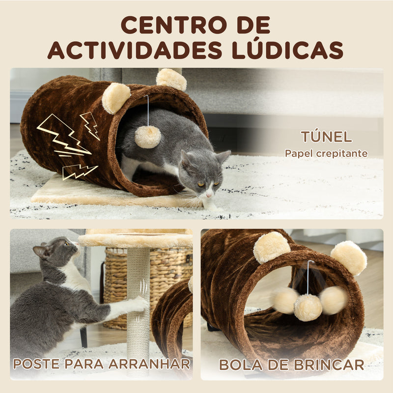 Arranhador para Gatos Altura 47 cm Arranhador para Gatos com Túnel Cama Plataforma Bola Suspensa e Poste de Juta Marrom Escuro