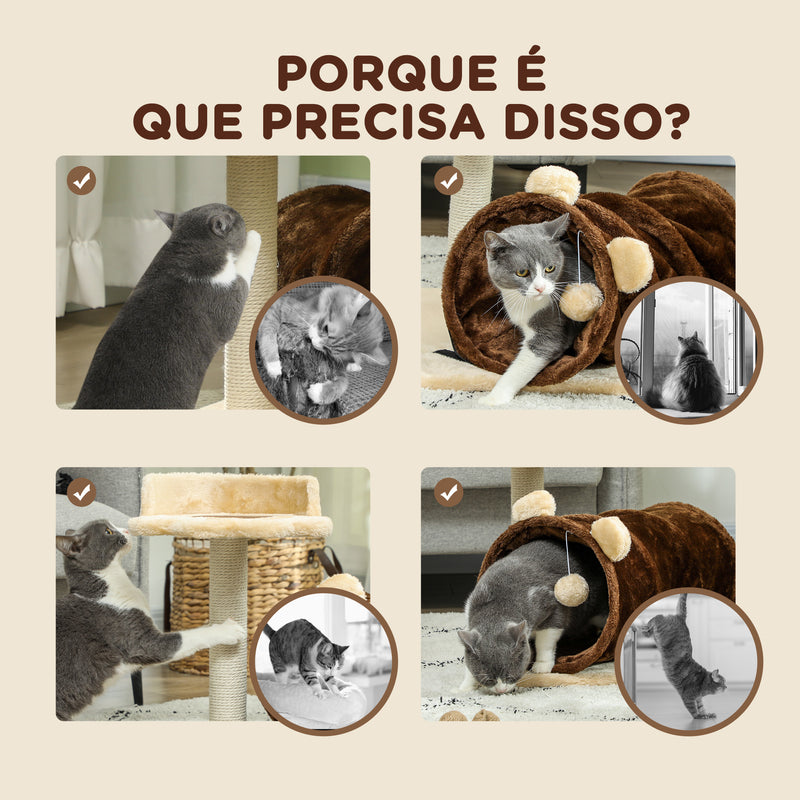 Arranhador para Gatos Altura 47 cm Arranhador para Gatos com Túnel Cama Plataforma Bola Suspensa e Poste de Juta Marrom Escuro