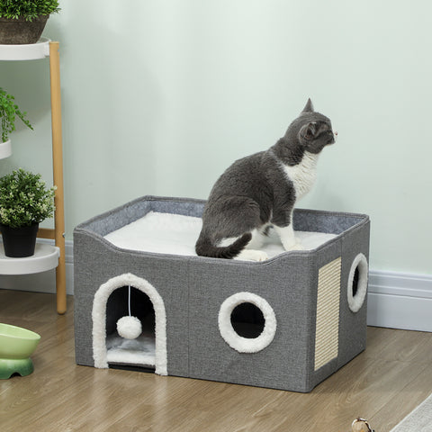 Casa Dobrável para Gatos, Cama para Gatos com Arranhador, 3 Entradas, Bola Suspensa, Almofada Reversível em Pelúcia e Tipo Linho, para Interior, 60x40x34 cm, Cinzento