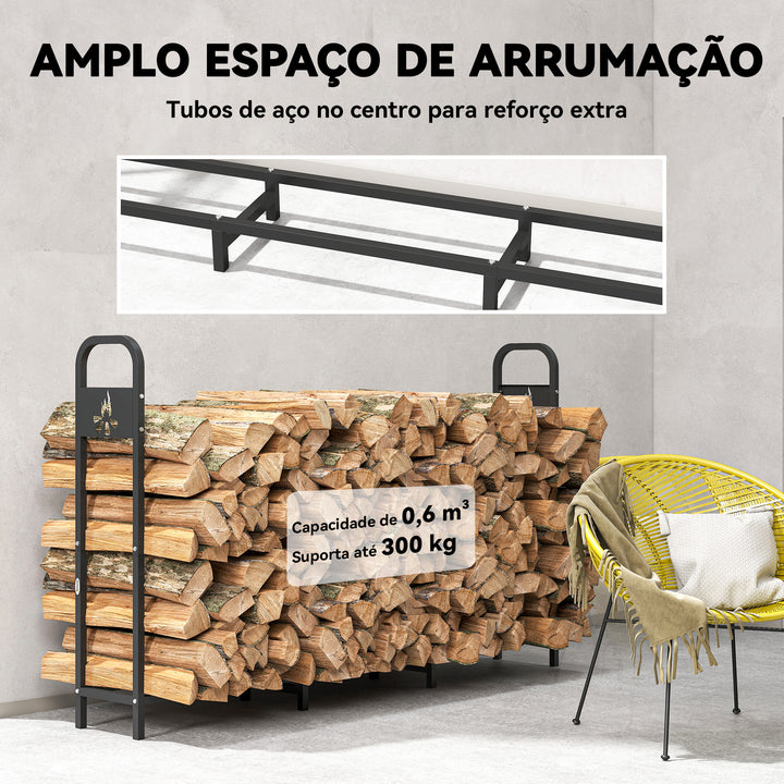 Suporte Metálico para Lenha 199x30x121 cm Suporte para Lenha de Exterior com Estrutura de Aço Pés Extra e Design Recortado de Fogueira Capacidade de Carga 300 kg para Jardim Preto
