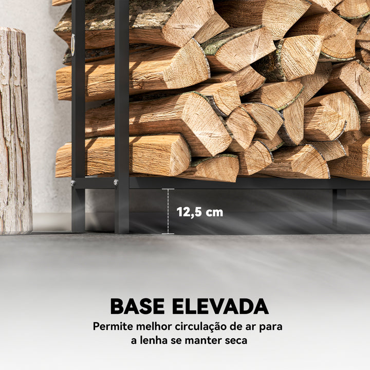 Suporte Metálico para Lenha 199x30x121 cm Suporte para Lenha de Exterior com Estrutura de Aço Pés Extra e Design Recortado de Fogueira Capacidade de Carga 300 kg para Jardim Preto