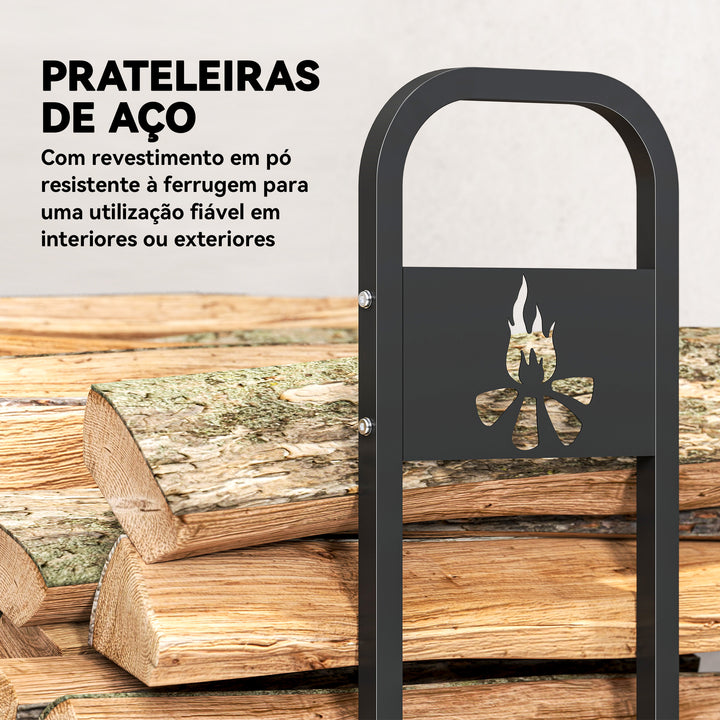 Suporte Metálico para Lenha 199x30x121 cm Suporte para Lenha de Exterior com Estrutura de Aço Pés Extra e Design Recortado de Fogueira Capacidade de Carga 300 kg para Jardim Preto