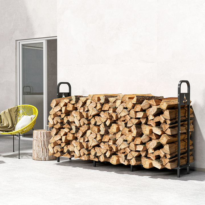 Suporte Metálico para Lenha 199x30x121 cm Suporte para Lenha de Exterior com Estrutura de Aço Pés Extra e Design Recortado de Fogueira Capacidade de Carga 300 kg para Jardim Preto