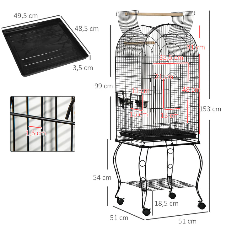 Gaiola para Pássaros com Suporte e Rodas Gaiola Grande de Metal com Bandeja Amovível e 2 Tigelas para Papagaios Piriquito 51x51x153 cm Preto