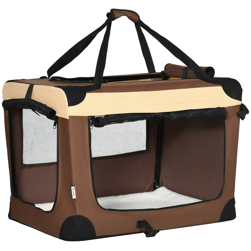 Transportadora para Cães e Gatos Bolsa de Transporte Animais de Estimação Dobrável com Almofada Suave e 2 Correias de Ombro para Carro Avião Viajem 70x51x50cm Marrom