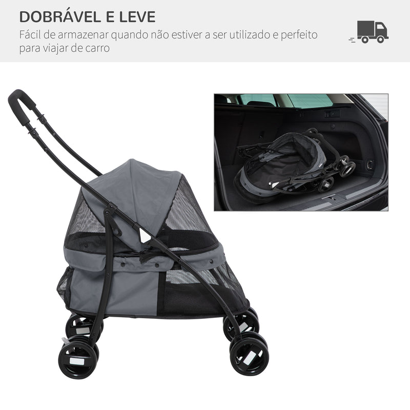 Carrinho para Animais de Estimação Dobrável Carrinho de Passeio para Cães e Gatos com Janela de Malha Almofada Lavável Arnês de Segurança e Estrutura de Aço 82x47x97cm Cinza