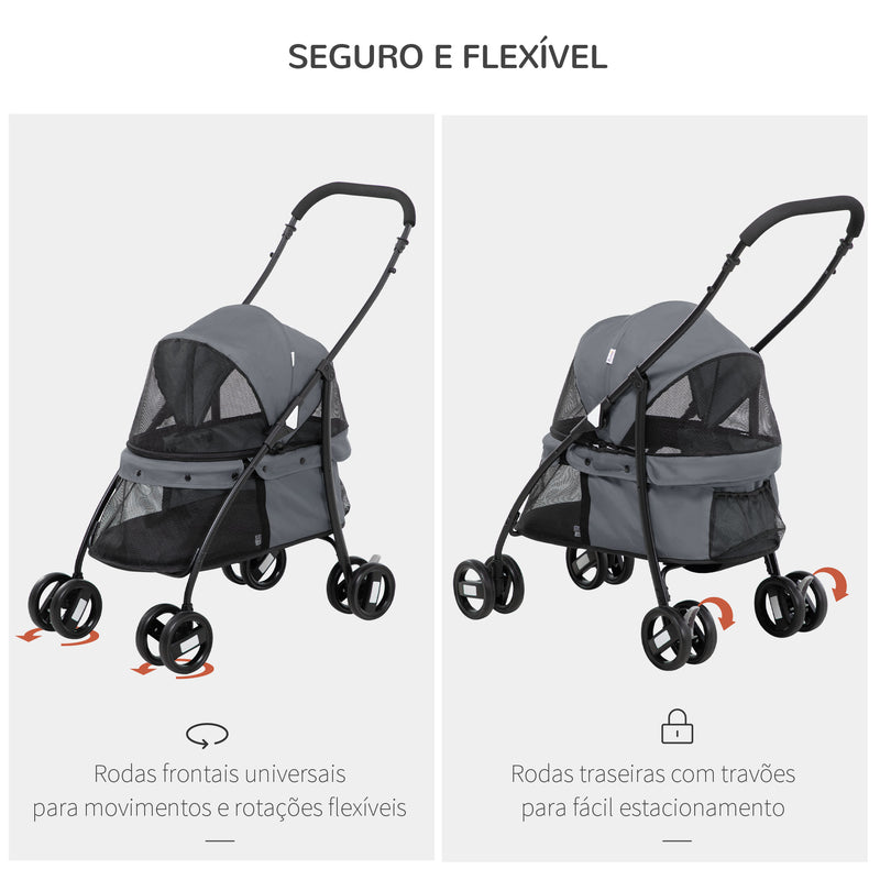 Carrinho para Animais de Estimação Dobrável Carrinho de Passeio para Cães e Gatos com Janela de Malha Almofada Lavável Arnês de Segurança e Estrutura de Aço 82x47x97cm Cinza