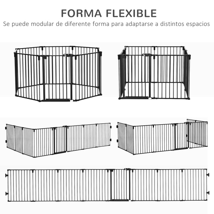 Parque para Cães com 8 Painéis 60x76cm Barreira de Proteção para Animais de Estimação Dobrável com Porta e Fechadura Dupla Painéis Metálicos para Escadas Corredores Preto