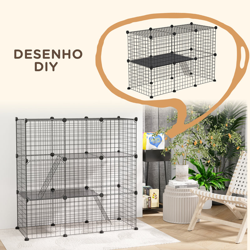 Recinto para Animais Pequenos com 31 Painéis Recinto para Animais de Estimação Personalizável com Rampa Portas para Cobaias Coelhos Chinchilas 105x45x105 cm Preto