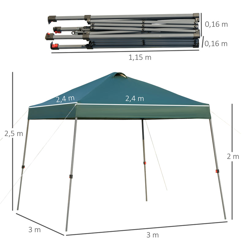 Tenda Dobrável 3x3 Portátil de Jardim com Bolsa de Transporte com Rodas Aço para Exterior Festas Campismo Verde