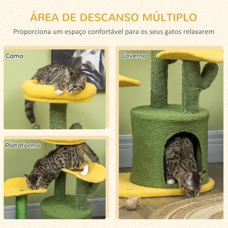 Árvore Arranhador para Gatos em Forma de Cacto Altura 83cm Torre para Gatos com Cama Casa de Pelúcia Plataformas Postes de Sisal e Bolsa Suspensa 54x39x83cm Amarelo e Verde