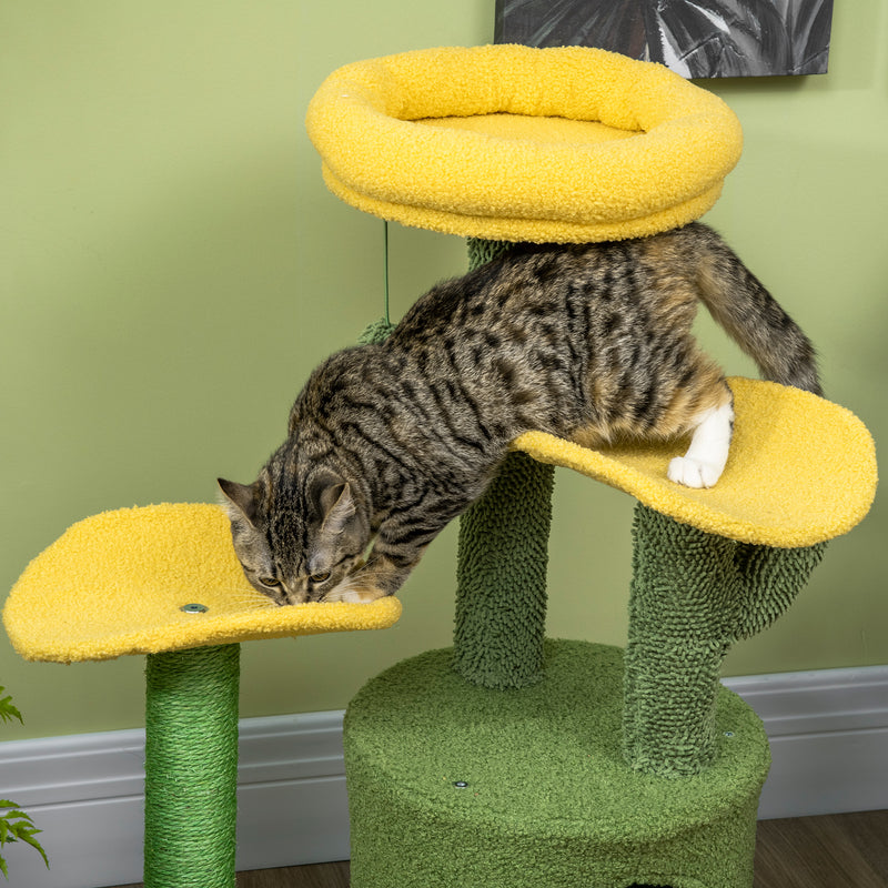 Árvore Arranhador para Gatos em Forma de Cacto Altura 83cm Torre para Gatos com Cama Casa de Pelúcia Plataformas Postes de Sisal e Bolsa Suspensa 54x39x83cm Amarelo e Verde