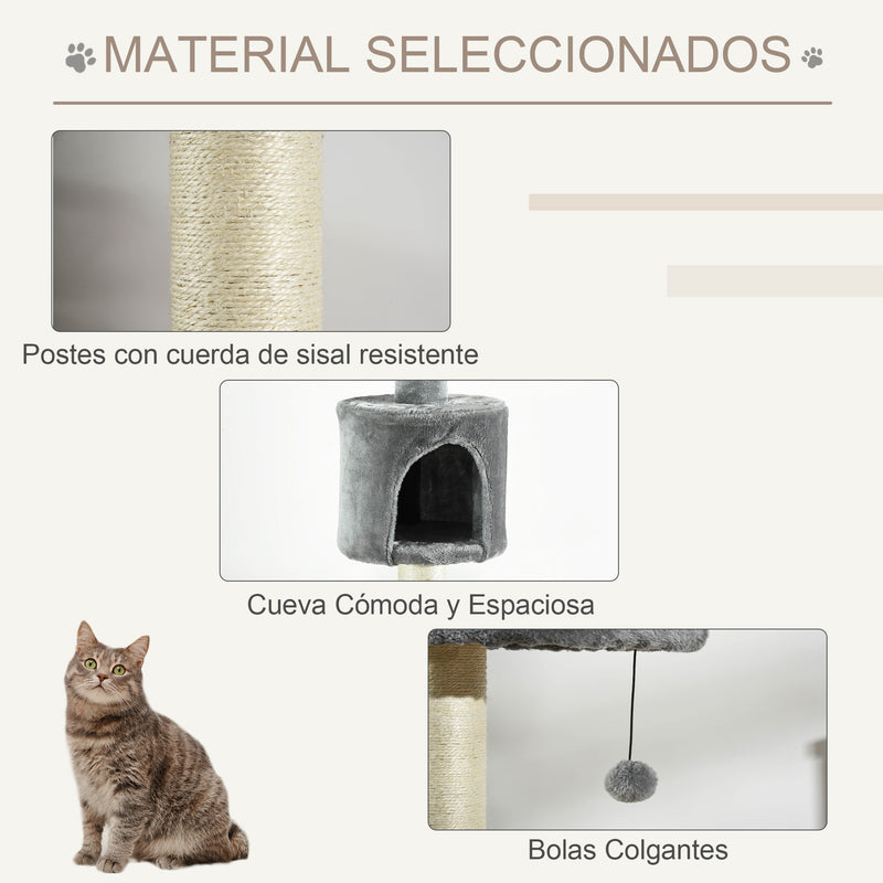 Árvore Arranhador para Gatos para Fixar ao Teto Altura Ajustável 220-280cm com Plataformas Caverna Postes de Sisal Bolas Penduradas 40x40x280cm Cinza Claro