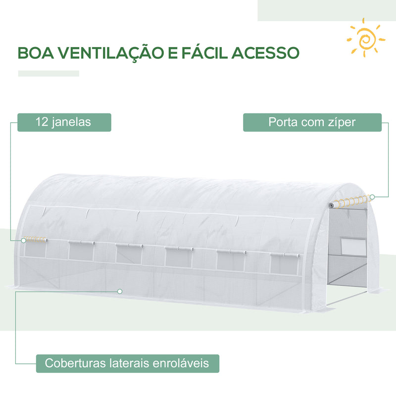 Estufa Tipo Túnel de Jardim 6x3x2m com Porta Enrolável 12 Janelas Cobertura de PE 140g/m² e Metal Galvanizado para Cultivos de Plantas Verduras Branco