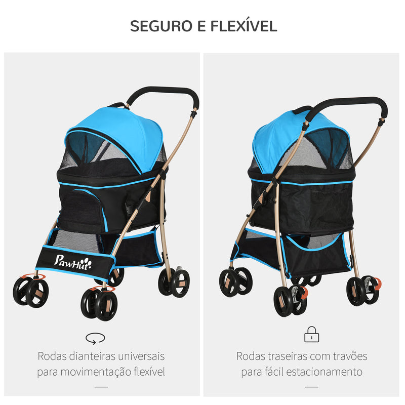 Carrinho para Animais de Estimação 3 em 1 Carrinho para Cães e Gatos Dobrável com Bolsa de Transporte Cesta de Armazenamento e Travão Tecido de Oxford 600D Carga Máxima 15kg 82x49,5x98cm Azul