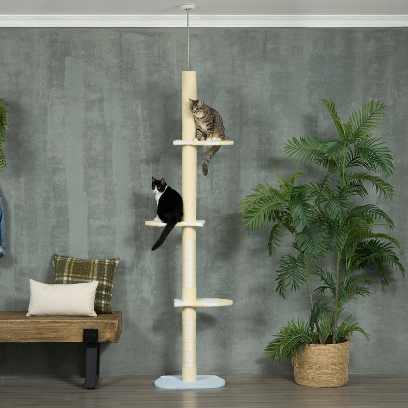 Árvore para Gatos do Chão ao Teto 220-260cm Altura Ajustável Torre para Gatos com 3 Plataformas Poste de Sisal e Bola para Brincar 47x34x220-260cm Creme