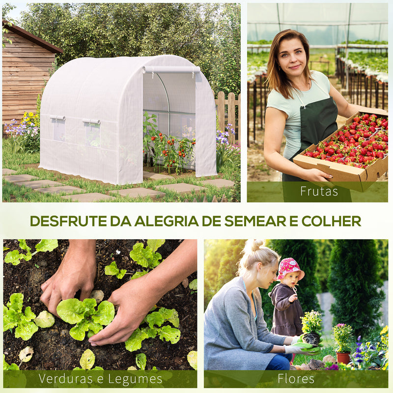 Estufa Tipo Túnel 245x200x200cm Estufa de Jardim com Portas Enroláveis e 4 Janelas Cobertura de PE 140 g/m² Estrutura de Metal para Cultivo de Plantas Verduras Branco