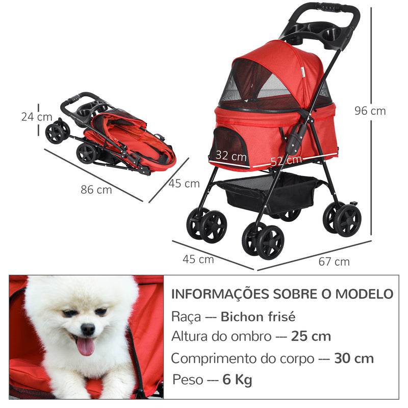 Carrinho para para animais de estimação dobrável e removível em aço tecido Oxford rodas giratórias freios Janela para gatos pequenos Cães 67x45x96 cm Vermelho