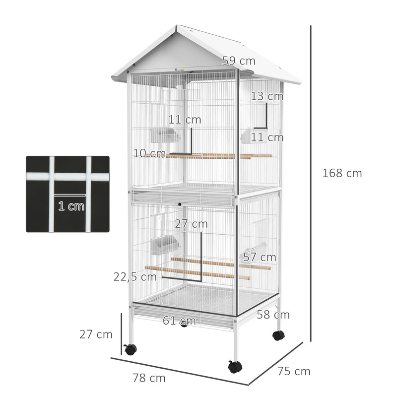 Gaiola para Pássaros 2 em 1 Gaiola de 2 Andares com Rodas 4 Comedouros 4 Poleiros e Bandejas Amovíveis para Canários Periquitos 78x75x168 cm Branco