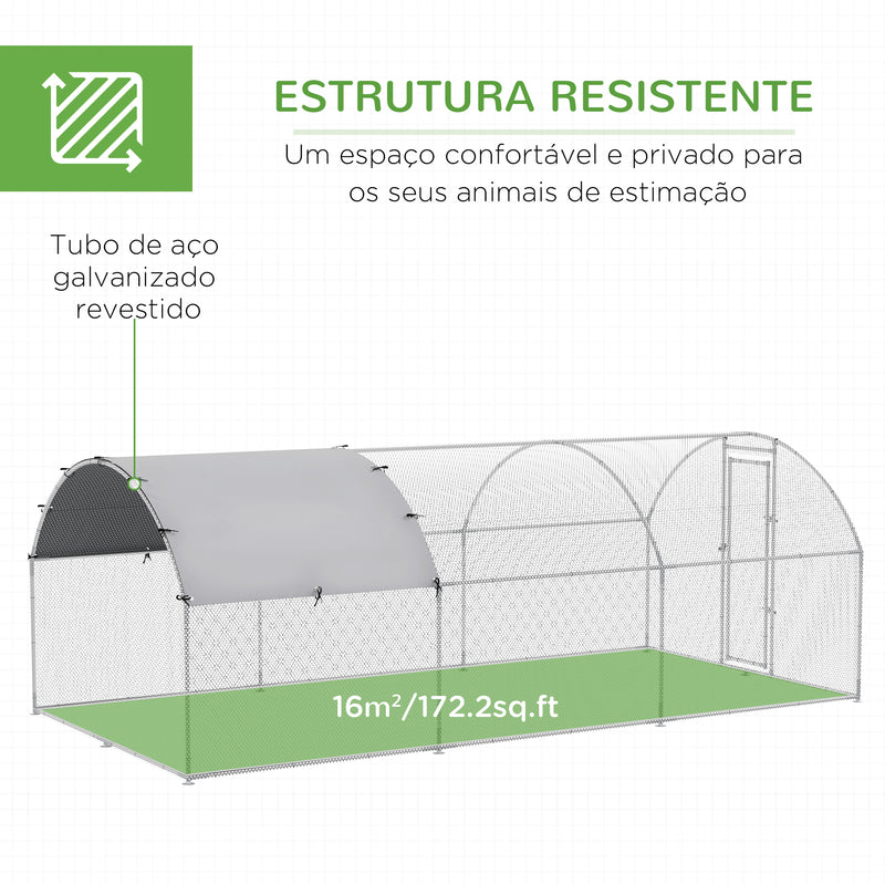 Galinheiro para Exterior Grande Gaiola de Aço Galvanizado com Teto de Tecido Oxford e Fechadura para 12-18 Galinhas Coelhos Aves 5,7x2,8x1,97cm Prata