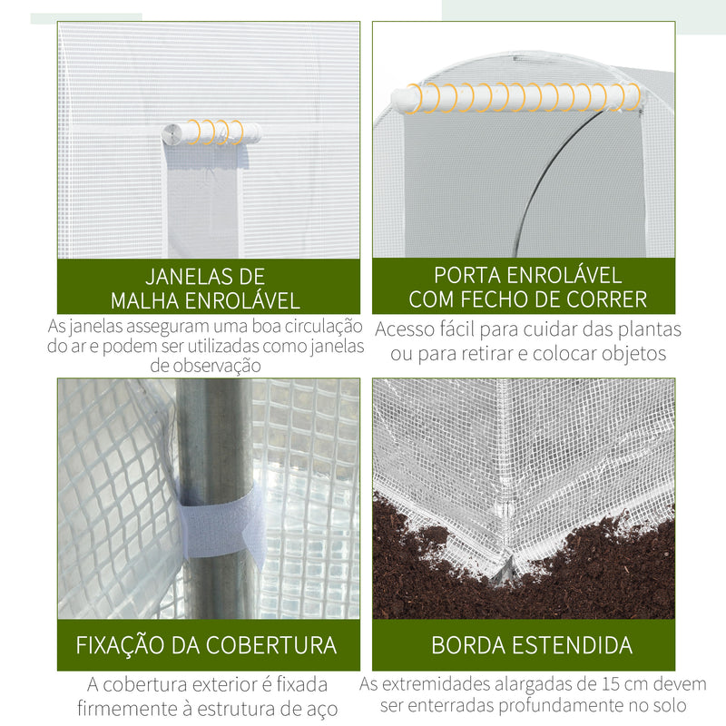 Estufa tipo Túnel 450x200x200 cm Estufa de Jardim com Porta Enrolável e 6 Janelas Cobertura de PE 140 g/m² Anti-UV Estrutura de Metal para Cultivo de Plantas Verduras Branco