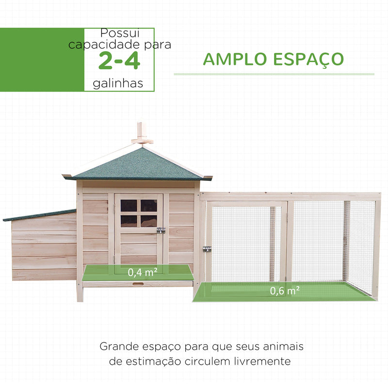 Galinheiro de Madeira de Abeto para Galinhas Exterior com Caixa Ninho Bandeja Removível e Espaço para Correr 196x76x97 cm Natural