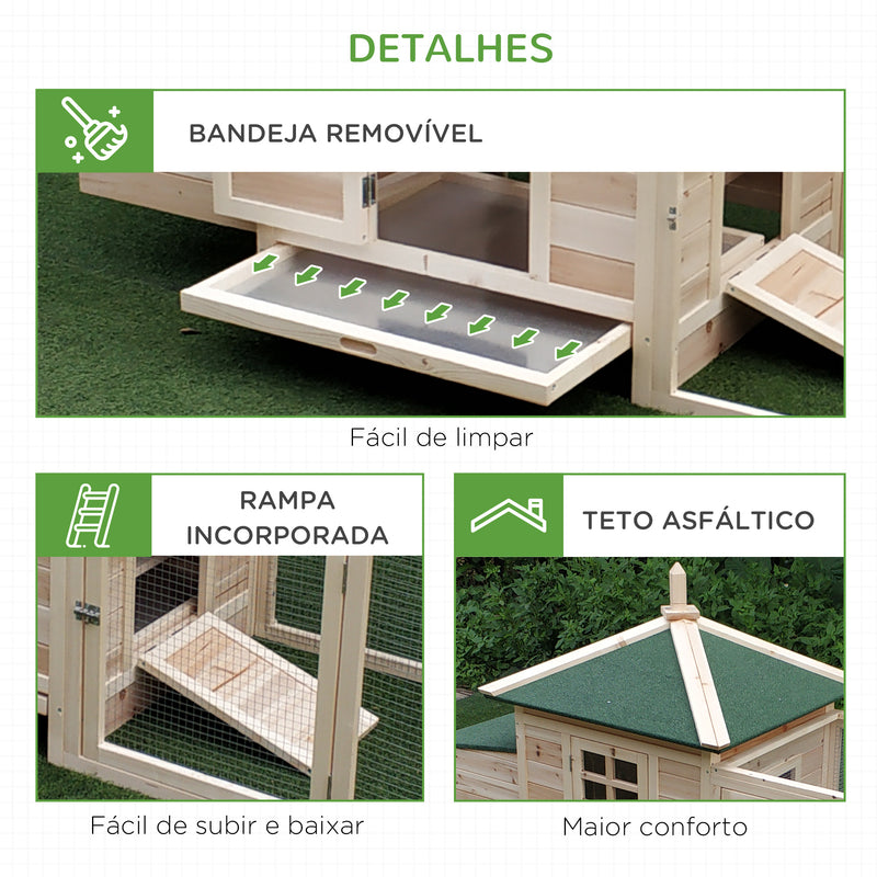 Galinheiro de Madeira de Abeto para Galinhas Exterior com Caixa Ninho Bandeja Removível e Espaço para Correr 196x76x97 cm Natural