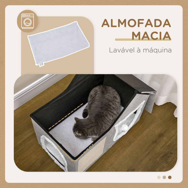 Casa para Gatos Cama para Gatos Interior com Almofada para Arranhar Almofada Macia e Bola Suspensa 65x41x45,5 cm Cinza