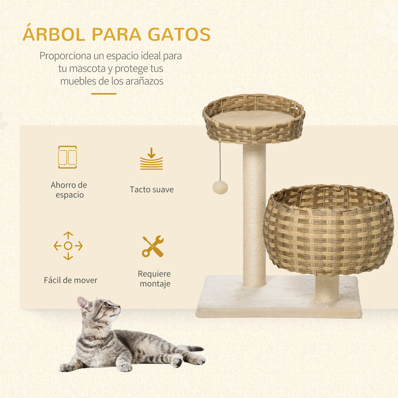 Árvore para Gatos Médios com Cama Superior Cesto de Vime Sintético com Almofadas Postes Arranhadores de Sisal Natural e Bola Suspensa de Brinquedo 54x40x70cm Bege