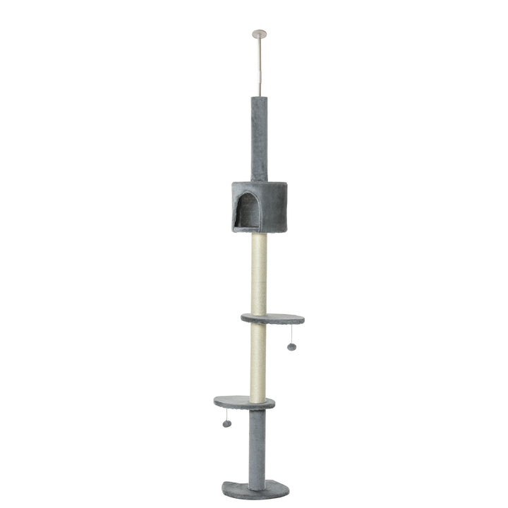 Árvore Arranhador para Gatos para Fixar ao Teto Altura Ajustável 220-280cm com Plataformas Caverna Postes de Sisal Bolas Penduradas 40x40x280cm Cinza Claro