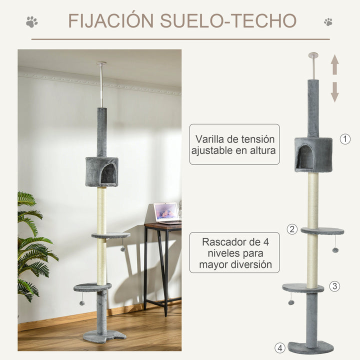 Árvore Arranhador para Gatos para Fixar ao Teto Altura Ajustável 220-280cm com Plataformas Caverna Postes de Sisal Bolas Penduradas 40x40x280cm Cinza Claro