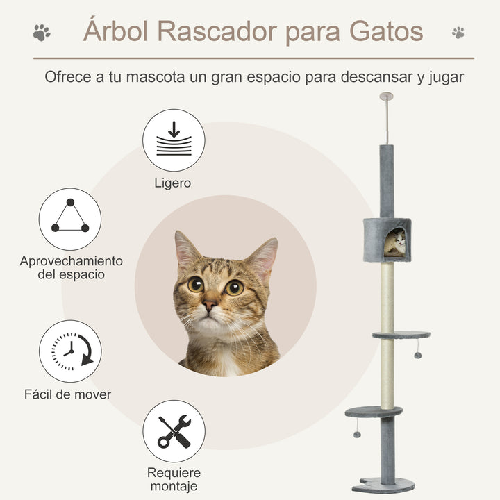 Árvore Arranhador para Gatos para Fixar ao Teto Altura Ajustável 220-280cm com Plataformas Caverna Postes de Sisal Bolas Penduradas 40x40x280cm Cinza Claro