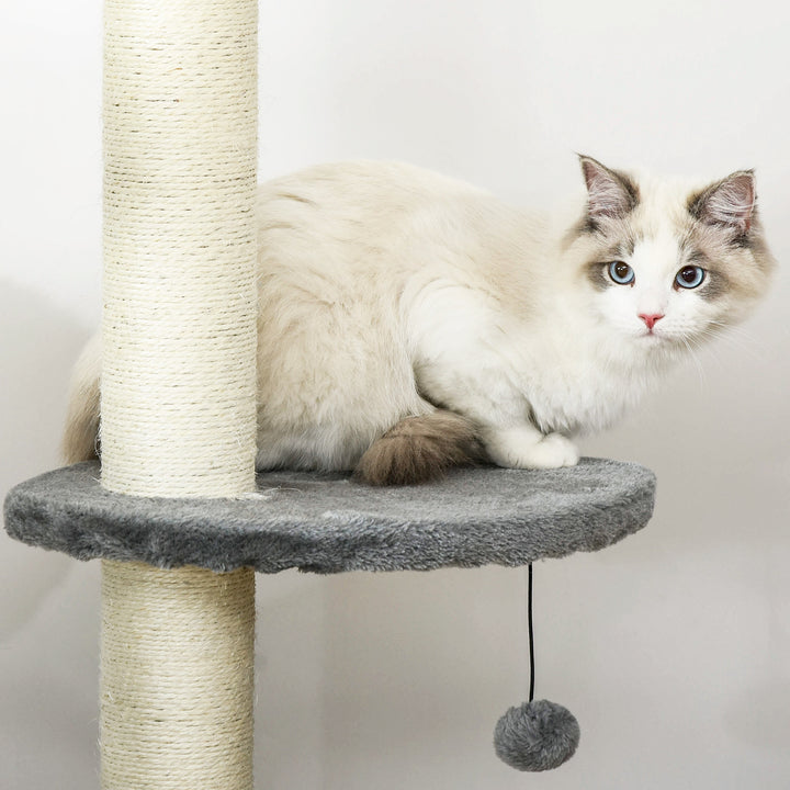 Árvore Arranhador para Gatos para Fixar ao Teto Altura Ajustável 220-280cm com Plataformas Caverna Postes de Sisal Bolas Penduradas 40x40x280cm Cinza Claro