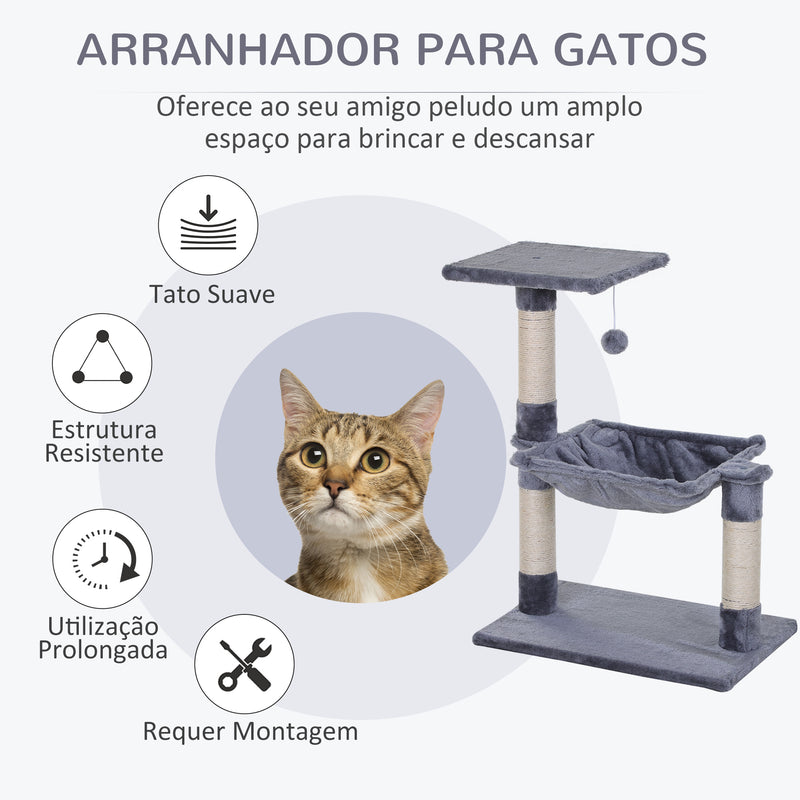 Árvore Arranhador para Gatos Torre para Gatos 50x36x70 cm Centro de Atividades com Rede Plataforma Poste de Sisal e Bola Suspensa Cinza